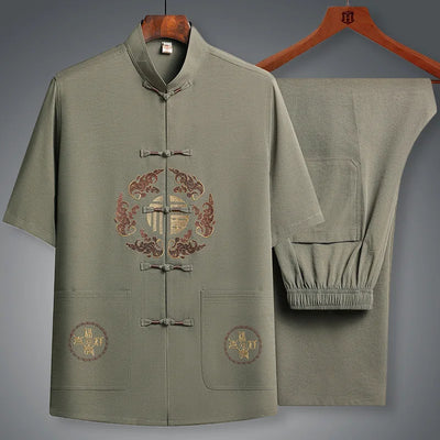 Chinese Traditional Tang Clothing Kung Fu Suit Fashion Casual Embroidery T-shirt Pants Wing Chun Tai Chi Comfortable Men's Set
