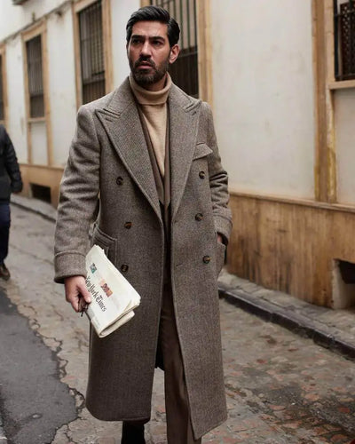 Brown Men Tweed Overcoat Blazer Peaked Lapel Double Breasted Tuxedos Coats