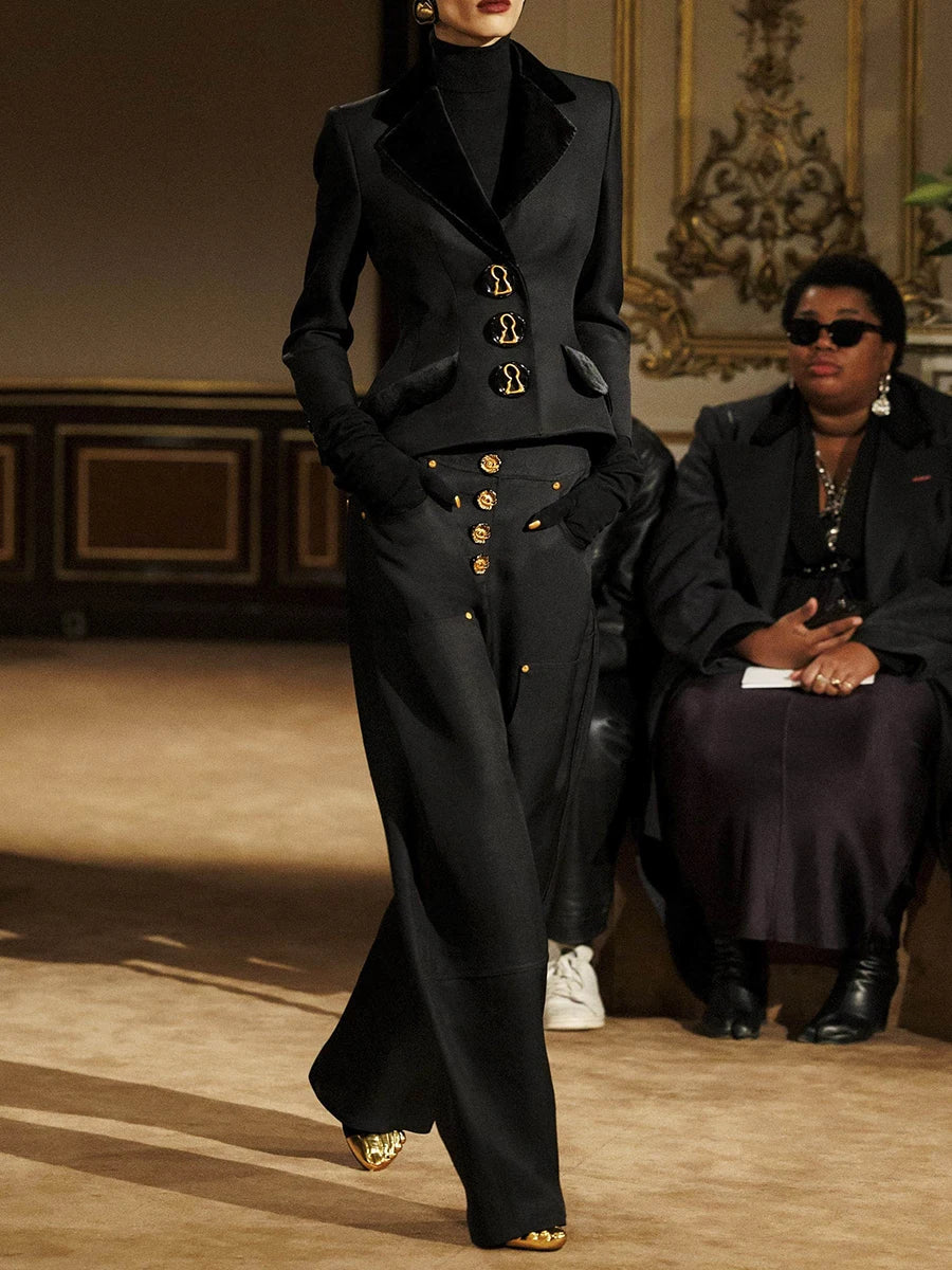 VGH Chic Simming Two Piece Set for Women Lapel Long Sleeve Patchwork Metal Buckle Tunic Coat Long Trousers Outfits Female New