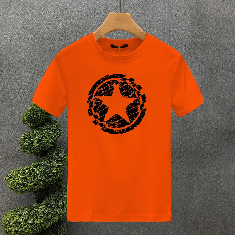 Men's Summer 100 Cotton Fashion Casual Loose Large Black Star Pattern Printed Round Neck Short Sleeve T-shirt Top S-5XL