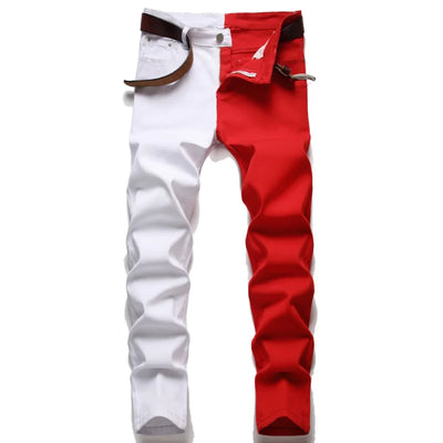New Men 2022 American Style Fashion Stitching Two-color Yellow and Red Trend Stretch Jeans Male Trousers Denim Pants