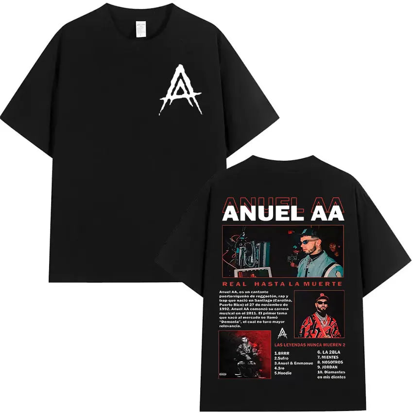 Rapper Anuel AA Real Hasta La Muerte Tour 2025 new Album T Shirts Men's Hip Hop gothic T-Shirts 100%  Short Sleeve T-Shirt