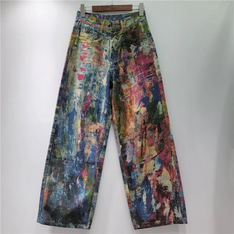 DEAT Women's Jeans High Waist Retro Colorful Straight Printed Splashed Ink Graffiti Denim Pants 2025 New Fashion Summer 29L9916