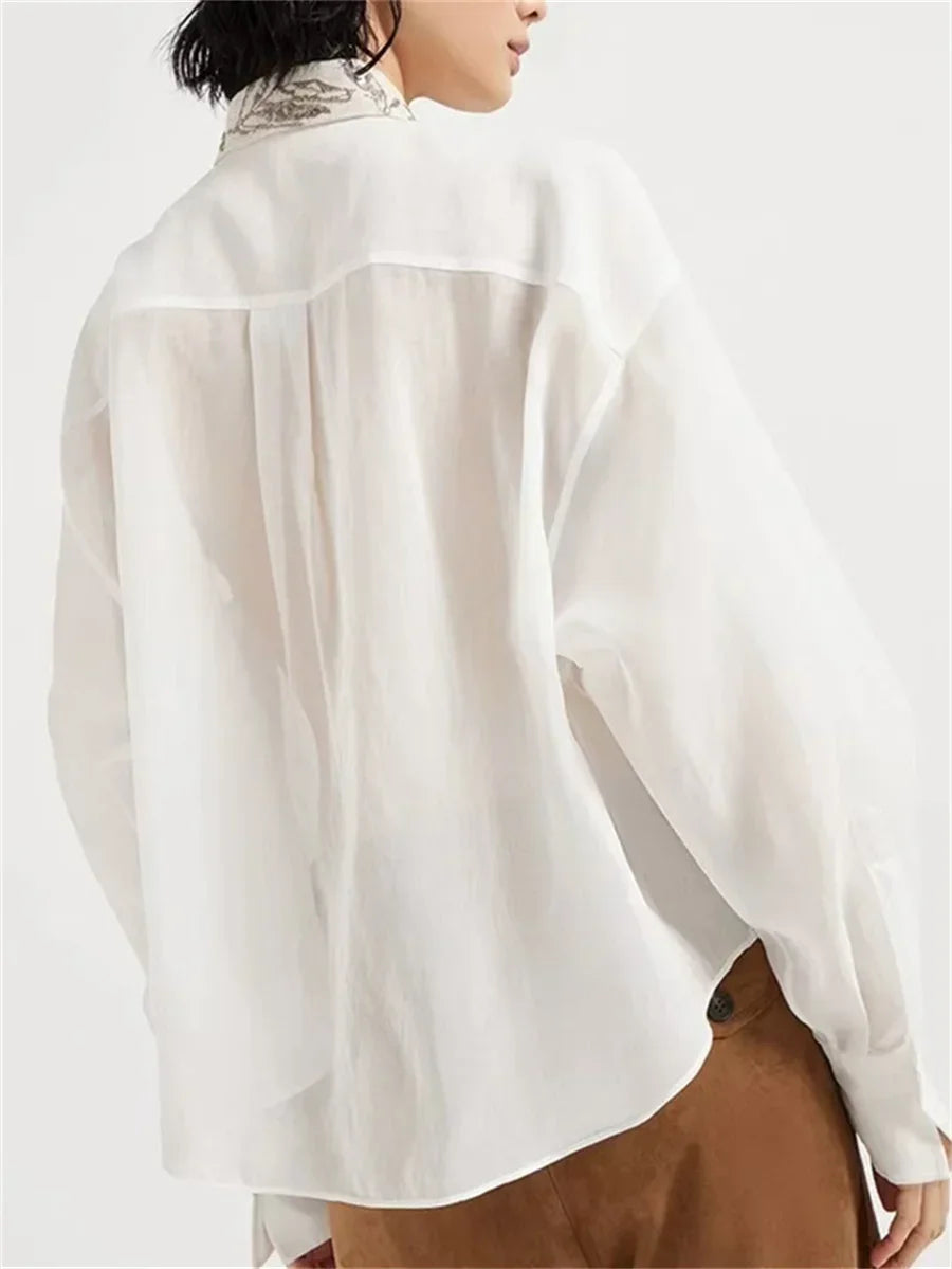 Women White Linen Blends Shirt Sequin Embroidery Turn-Down Collar Long-Sleeved Lady Loose Blouse