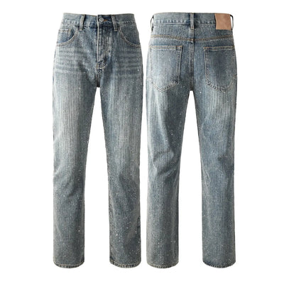Men Straight jeans Fashion High Street Retro wash Rhinestones Retro Street Style Hip-hop Straight Trousers Streetwear Jeans