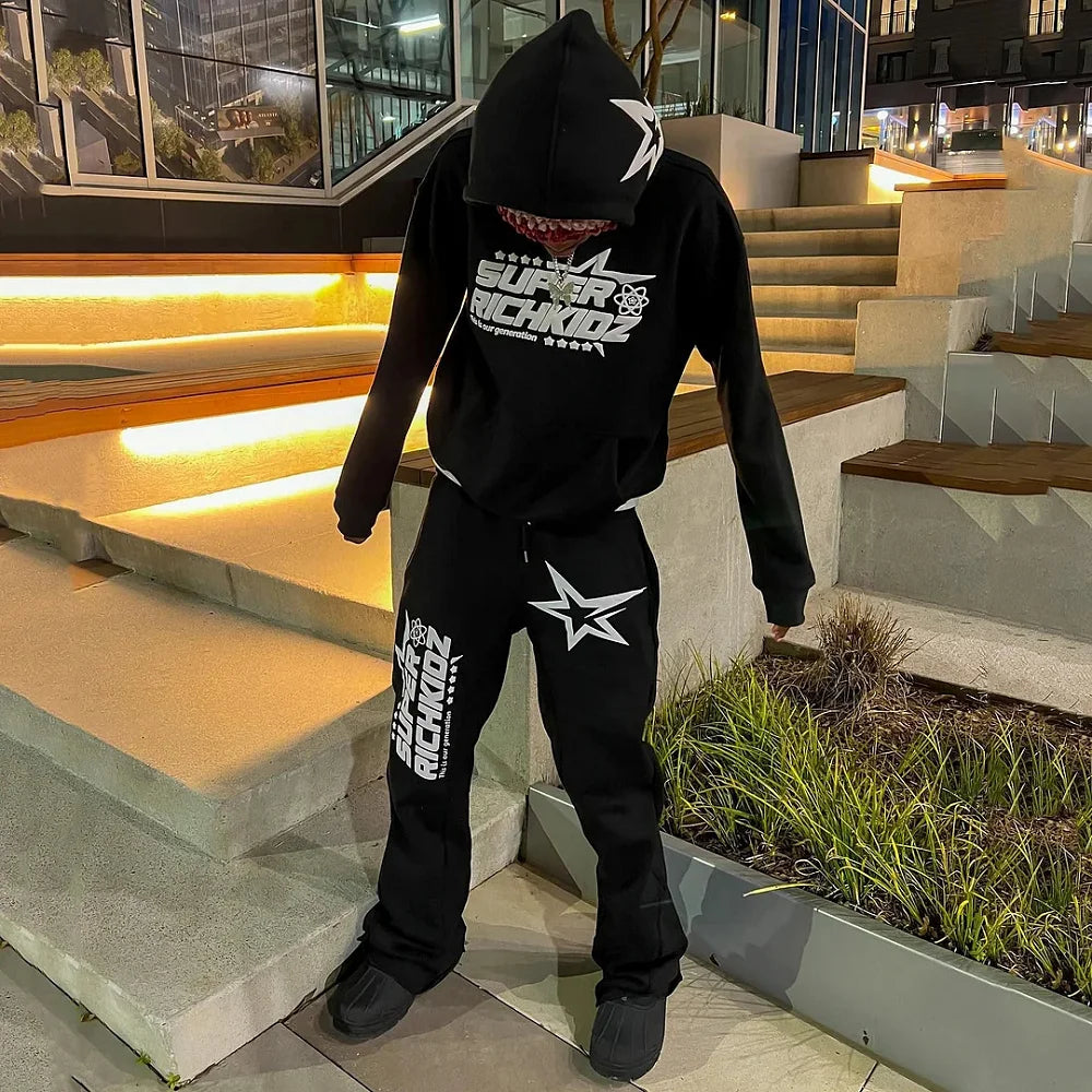 Y2K Autumn/Winter Hoodie Suit Flared Trousers Oversized Men's clothing  Fashion Trend High Street Pants Casual Sets 2024