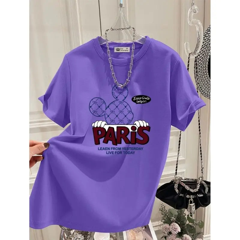 2025 Summer New Pure Cotton Short-sleeved T-shirt Women Loose Round Neck Cartoon Letter Mid-length Top
