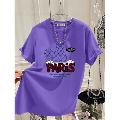 2025 Summer New Pure Cotton Short-sleeved T-shirt Women Loose Round Neck Cartoon Letter Mid-length Top