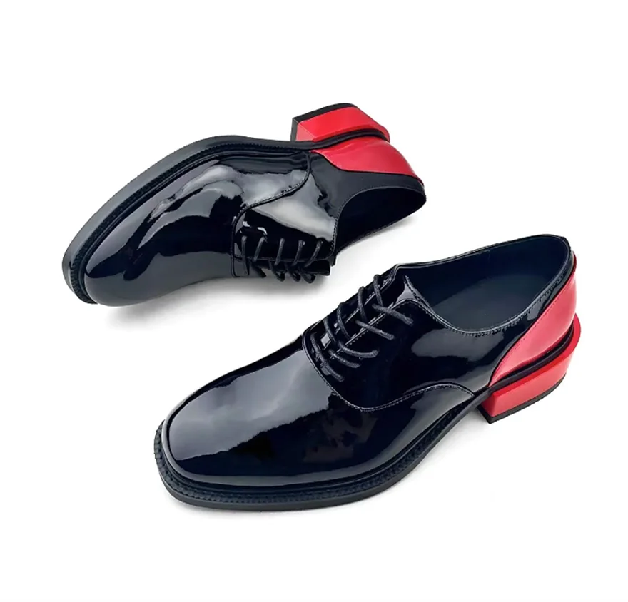 Men's High-End Patent Leather Derby Shoes Square Headed Trendy Lace-Up Patchwork Business Style for 2025