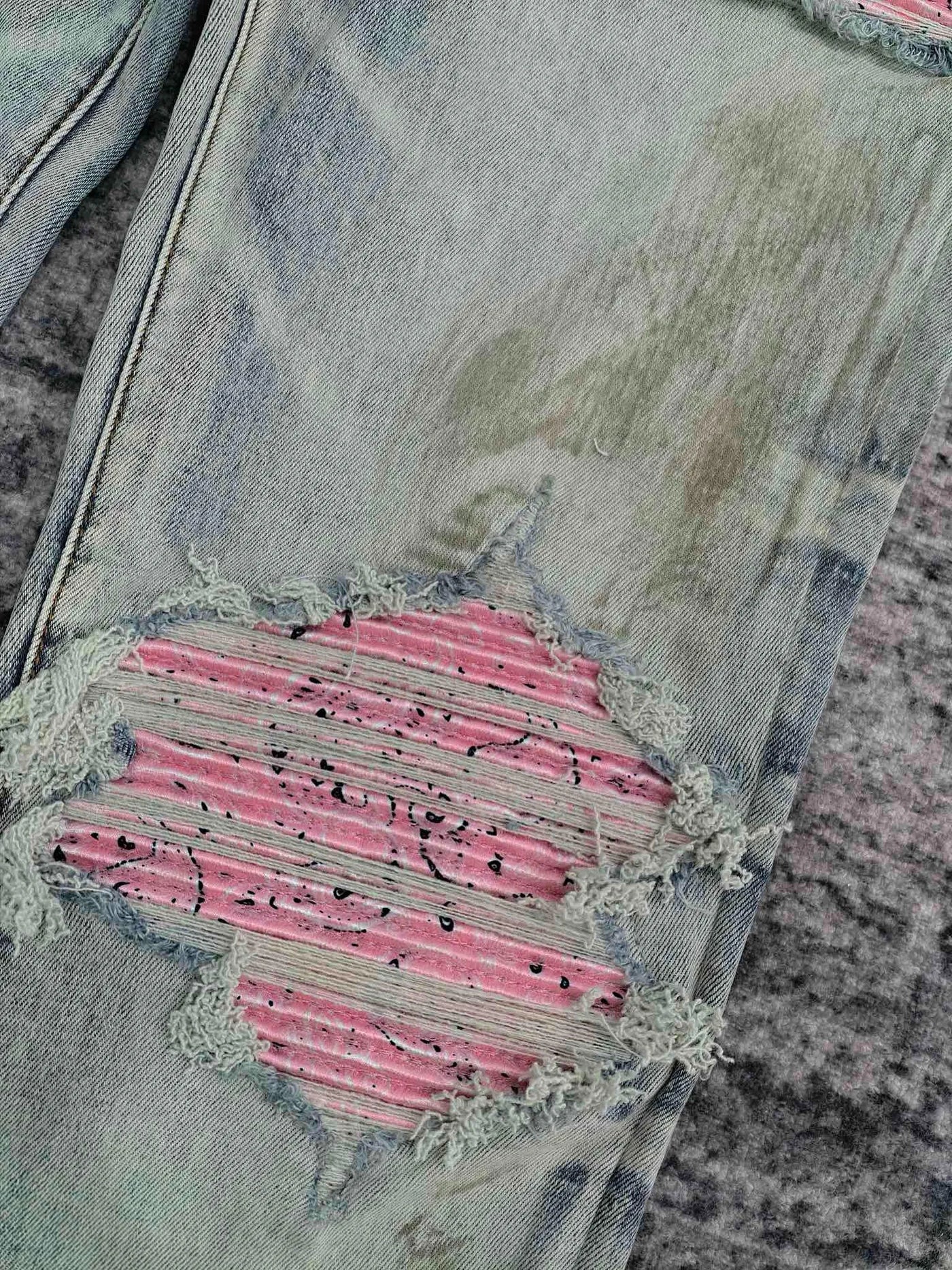 men dirty washed pink ribbed patch distressed jeans
