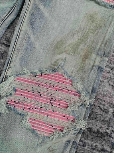 men dirty washed pink ribbed patch distressed jeans