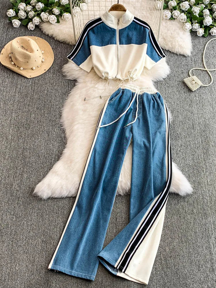 Hong Kong Sle Retro Set Women's Stand Collar ort Sve T-irt Denim Patchwork Loose Elastic Waist Straight Leg Pants