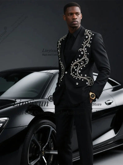 Luxury Men Suit For Wedding High End Shiny Diamond Beaded Groom Male Blazers Customized Slim Fit Wedding Tuxedos Ropa hombre