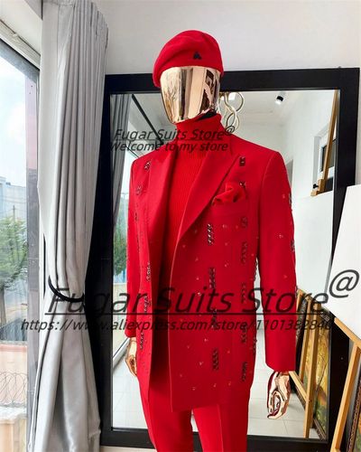 Shiny Stone Beaded Male Prom Blazers High-end Groom Wedding Tuxedos Slim Peak Lapel Men Suits 2 Pcs Sets Customized Ropa Hombre