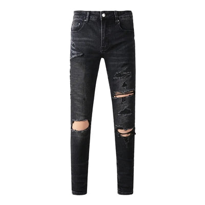 Americans New Trendy Streetwear Men's Jeans Low Rise Skinny Denim Pants Pleated Ripped Trousers
