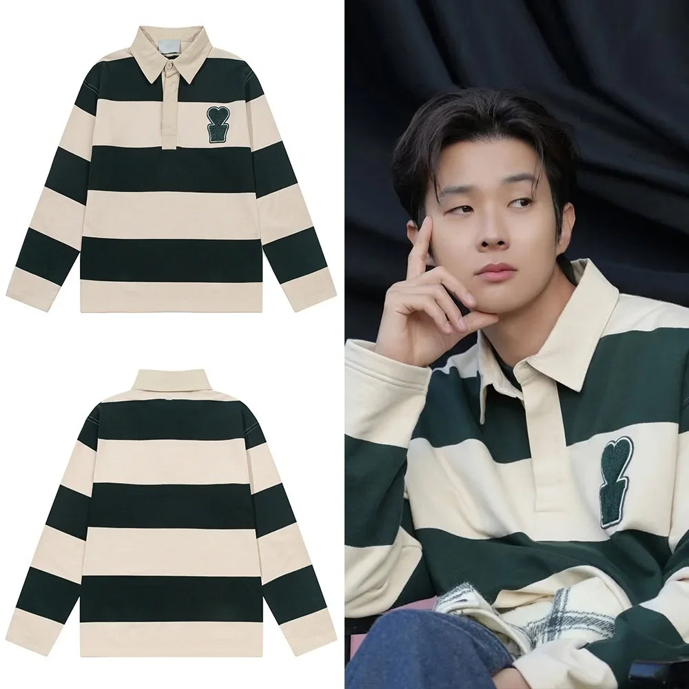 Casual Embroidered Collar Men's Sweatshirt Love Heart Stripe Color Block Top AMI ANCIENT Autumn Winter Polo Style Streetwear
