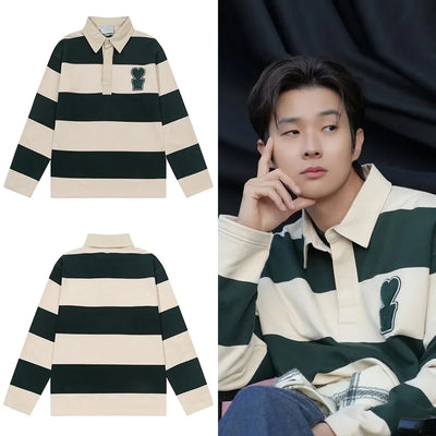 Casual Embroidered Collar Men's Sweatshirt Love Heart Stripe Color Block Top AMI ANCIENT Autumn Winter Polo Style Streetwear