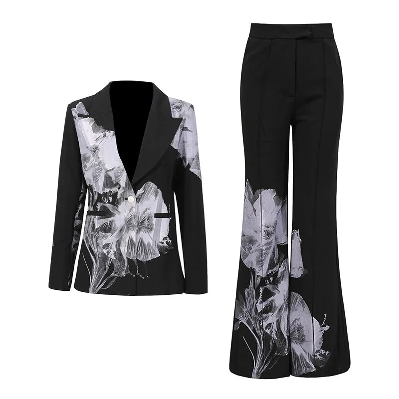 EAEOVNI Flower Printing Design Fashion Set For Women Contrast Color Blazer Coat + Long Pants Elegant 2025 Autumn New Clothing