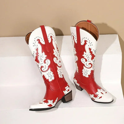 Western Cowboy Knee High Boots Women Blue Red Mixed Color Floral Fretwork Rivet Winter Pointed Toe High Heels Cowgirl Long Boots