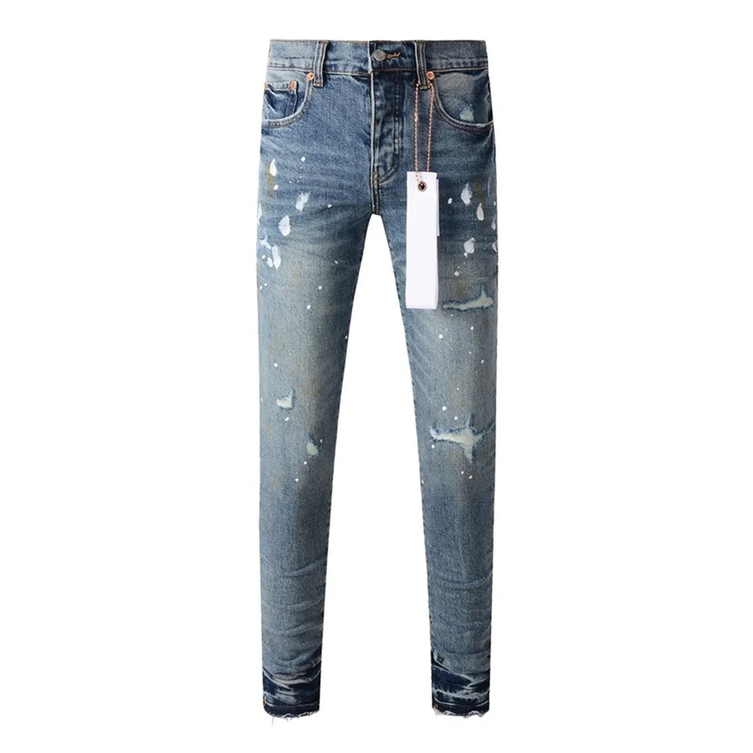 Americans High Street Trendy Men's Jeans Low Rise Stretch PantsSkinny Button Fly Ripped Retro Hold Trousers