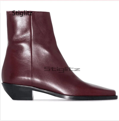 Men's Genuine Leather Ankle Boots Wine Red Black Side Zip Solid Handmade Chelsea Boots Wear Resistant Business Casual Shoes