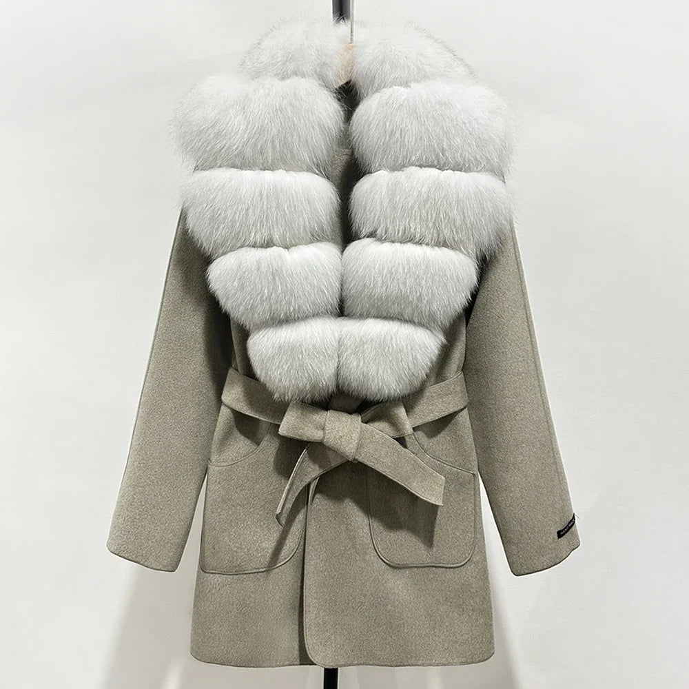 Wool Blend Jacket Autumn Women Winter Fashion Real Fox Fur Collar European Fahsion Woolen Coat Natural Fur Collar Coat Female