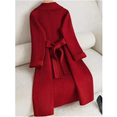 Red Double-sided cashmere Coat Women's 2025 New Autumn Winter high-end Woolen Coats With belt Temperament Long Overcoat Female