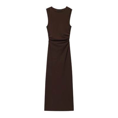 DEEABAE Autumn new women's fashion temperament pleated design with back slit round neck sleeveless MIDI dress