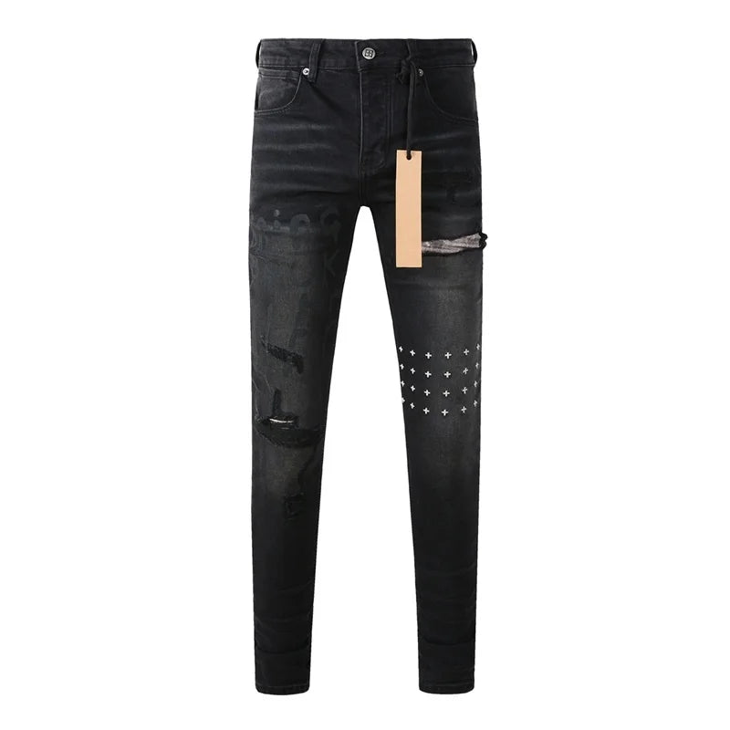 High Street Men's Jeans Low Rise Stretch Skinny Button Fly Ripped Hold Black Pants