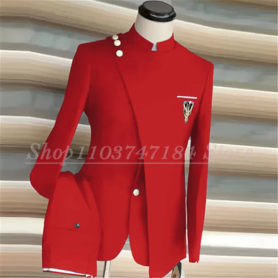 Navy Blue Men's Suits Single Breasted Stand Lapel Blazer African Style Formal Occasion Party 2 Piece Jacket Pants Costume Homme