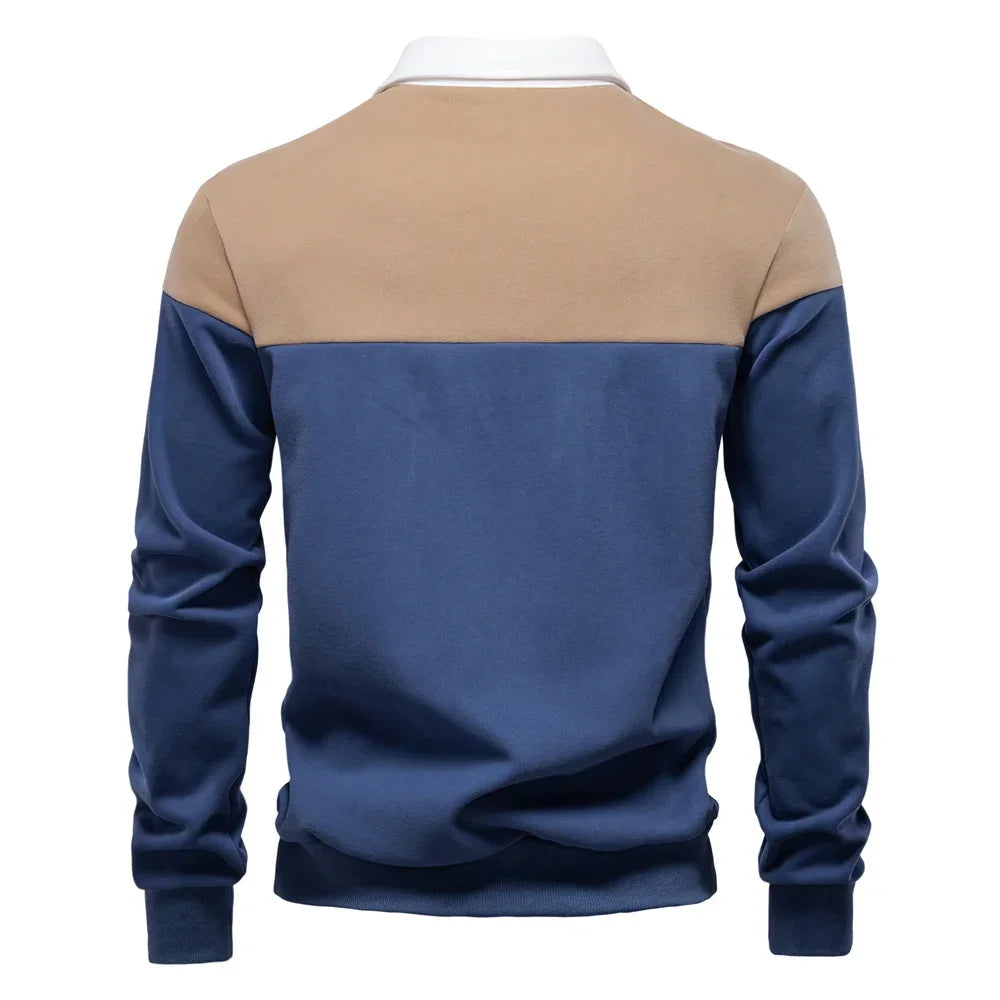 2025 New Spring Men's Color-Block Cotton Blend Hoodies Polo Collar Business Sweater Shirts Casual Long Sleeve Sports Pullovers