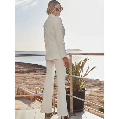 Elegant White 2 Pieces Suit Set for Woman One Button Peak Lapel Jacket Flared Pants Sets Office Banquet Wedding Women's Clothing