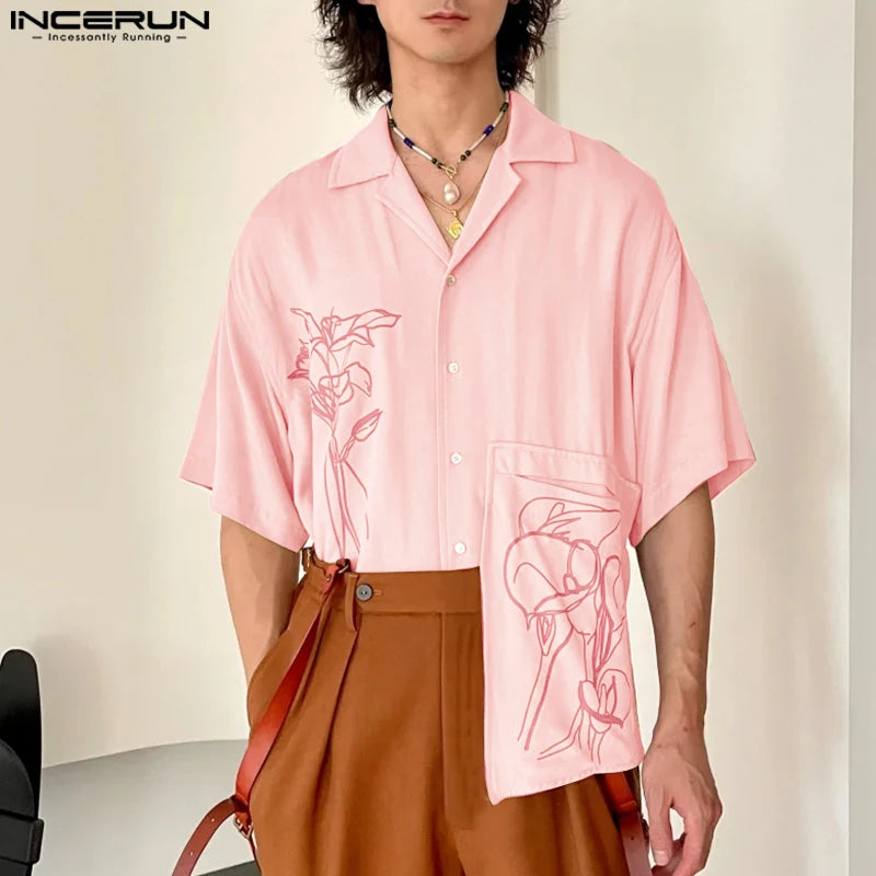 INCERUN Men Shirt Summer Printing Vacation Oversize Lapel Short Sleeve Men Clothing Streetwear 2025 Fashion Casual Tops Men