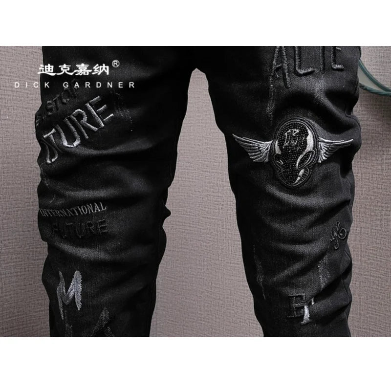 Embroidered printed black jeans for men, fashionable street style slim fit with small feet, trendy stretch denim pants
