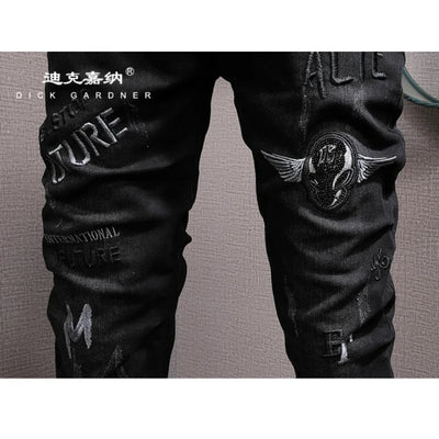 Embroidered printed black jeans for men, fashionable street style slim fit with small feet, trendy stretch denim pants