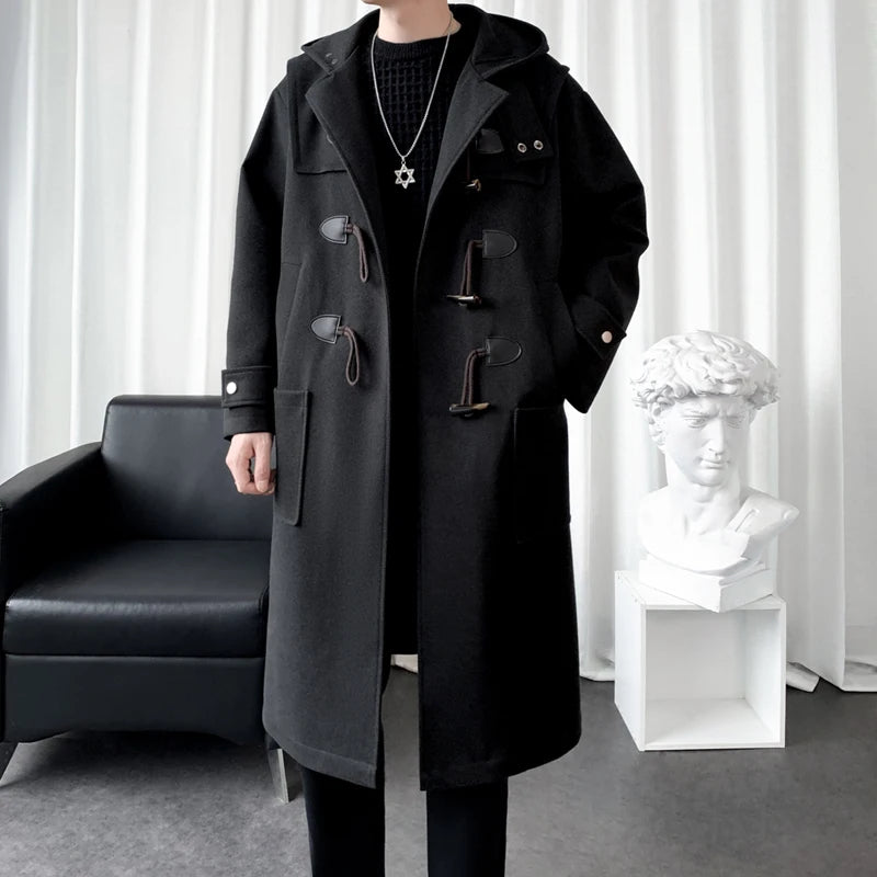 2025 Autumn Men Korean Hooded Trench Coat Men Casual Horn Button Woollen Coat Men Black Warm Long Coat Male Wool Blends Overcoat