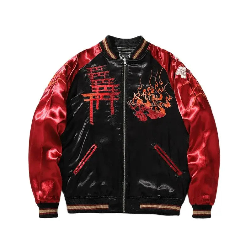 High Street Men Boys Streetwear Nine Tailed Fox Embroidered Loose Sukajan Souvenir Jacket Coats Fashionable Vintage Hip Hop