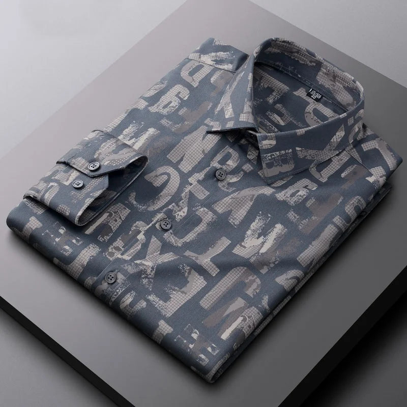 Spring and Autumn new bamboo fiber long sleeve shirt business slim shirt Men's clothing Men's long sleeve printed striped shirt