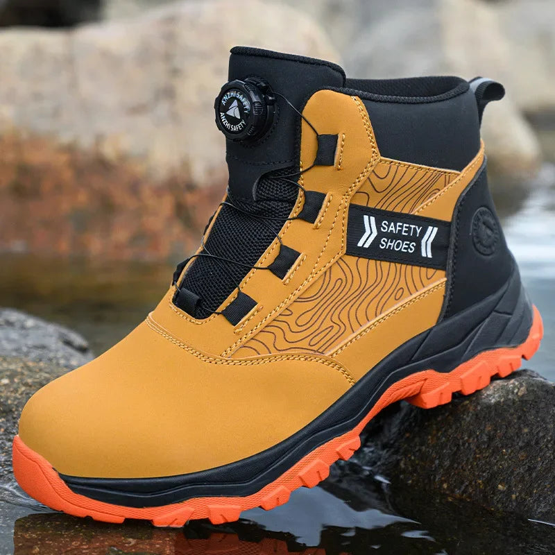 waterproof work shoes high man rotating button safety shoes anti-slip rubber outsole work boots sneakers with steel toe cap