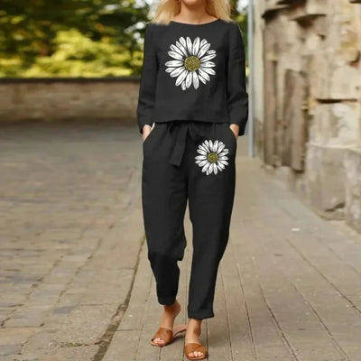 Spring Summer New Vintage Print Long Sleeve round Neck T-Shirt Set Wide Leg Pants Ethnic Style Fashionable Women's Outfit