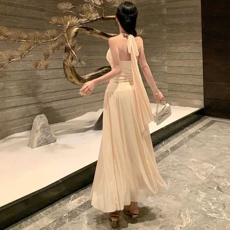 French Style Neck Hanging Waist Cinching Slimming Vacation Dress New Long Ankle-Length Princess Sleeve V-Neck Dress