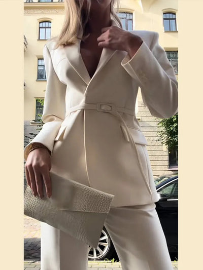 Belt Suit Coat Top Pants Set Lace Up Waist Cinching V-Neck Commuter Fashion Slim Fit Women Jacket Outwear Trousers Formal Attire