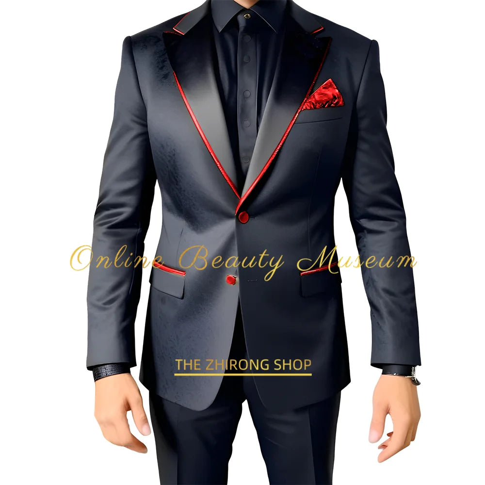 Men Suits 2 Piece Black Luxury Texture With Satin Gold Accent Jacket Pants Set Wedding Party Attire Bespoke Tuxedo For Men