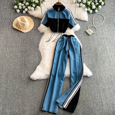 Hong Kong Sle Retro Set Women's Stand Collar ort Sve T-irt Denim Patchwork Loose Elastic Waist Straight Leg Pants