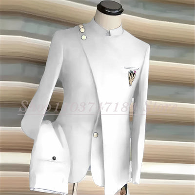 Navy Blue Men's Suits Single Breasted Stand Lapel Blazer African Style Formal Occasion Party 2 Piece Jacket Pants Costume Homme