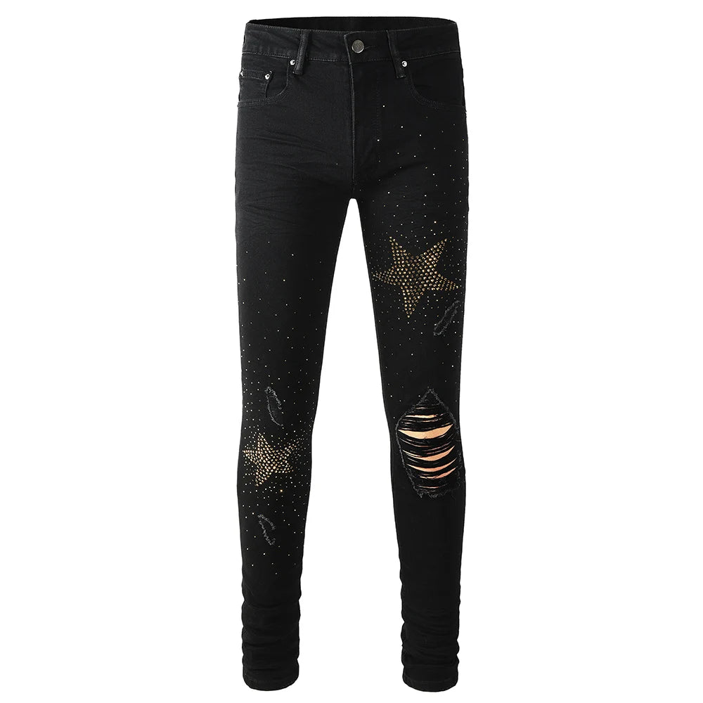 Men Star Crystal Denim Jeans Streetwear Rhinestone Skinny Tapered Pants Holes Ripped Black Stretch Trousers