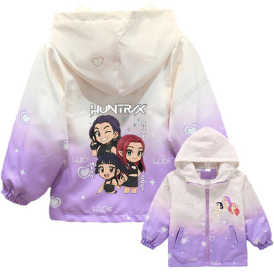 KPop Demon Hunters Girls Hood Jacket Kids Windbreak Coat Outdoor Casual Waterproof Jackets Zip Up Coat Movie Anime Outerwear