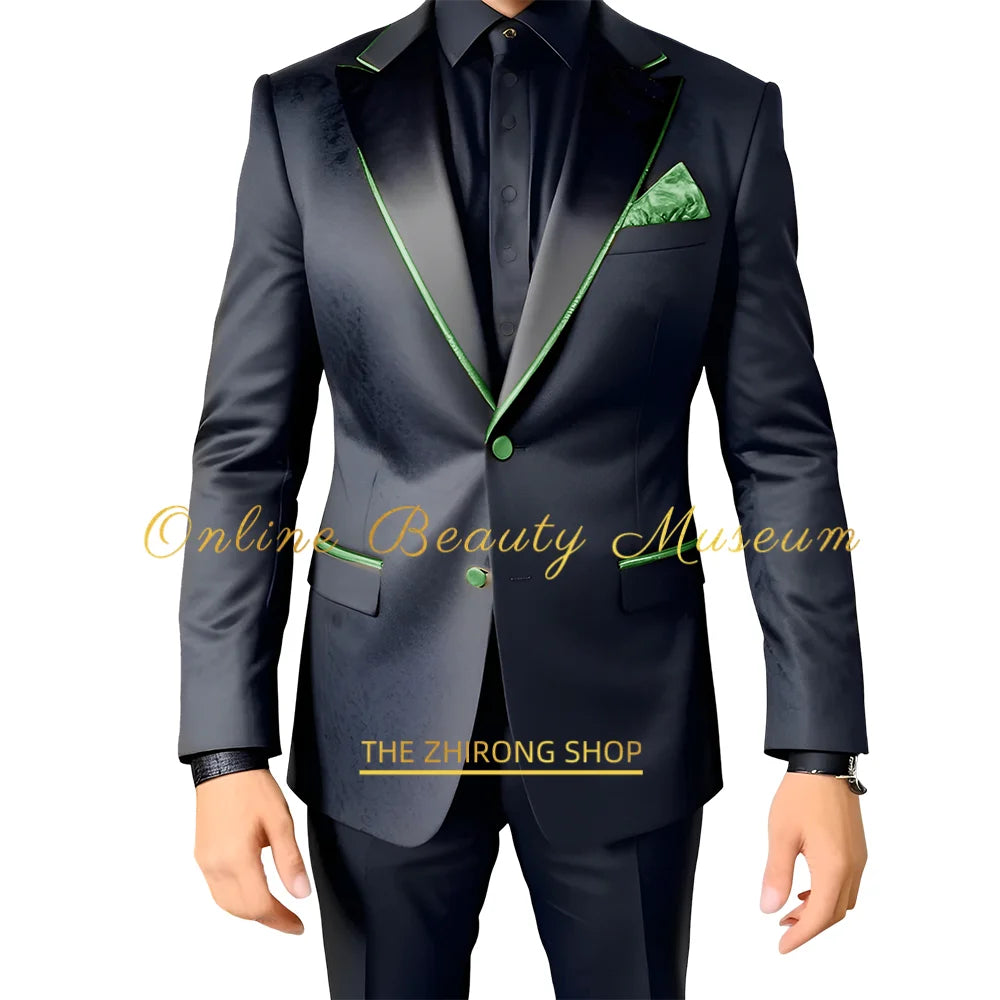 Men Suits 2 Piece Black Luxury Texture With Satin Gold Accent Jacket Pants Set Wedding Party Attire Bespoke Tuxedo For Men