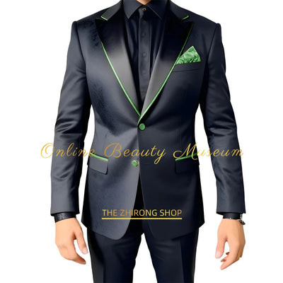 Men Suits 2 Piece Black Luxury Texture With Satin Gold Accent Jacket Pants Set Wedding Party Attire Bespoke Tuxedo For Men