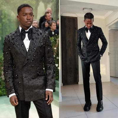 Handsome Jacquard Wedding Tuxedos 2 Piece Jacket Pant Crystal Men Suit Luxurious Peaked Lapel Party Wear Suits Customized